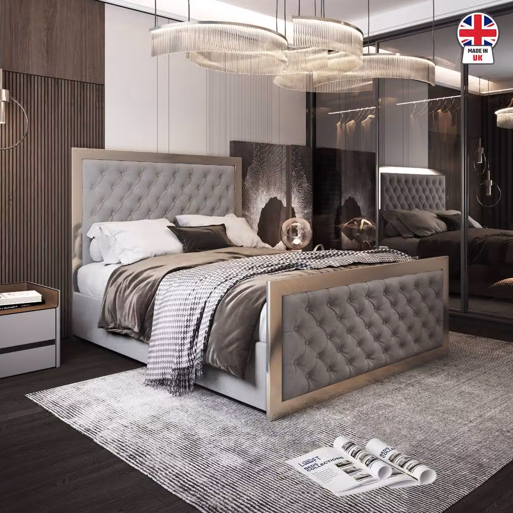 KDMD Minsmere Single Upholstered Velvet Designer Bed Frame in Grey and Black with Metal Details, W/D/H: 90 x 190 cm – 3