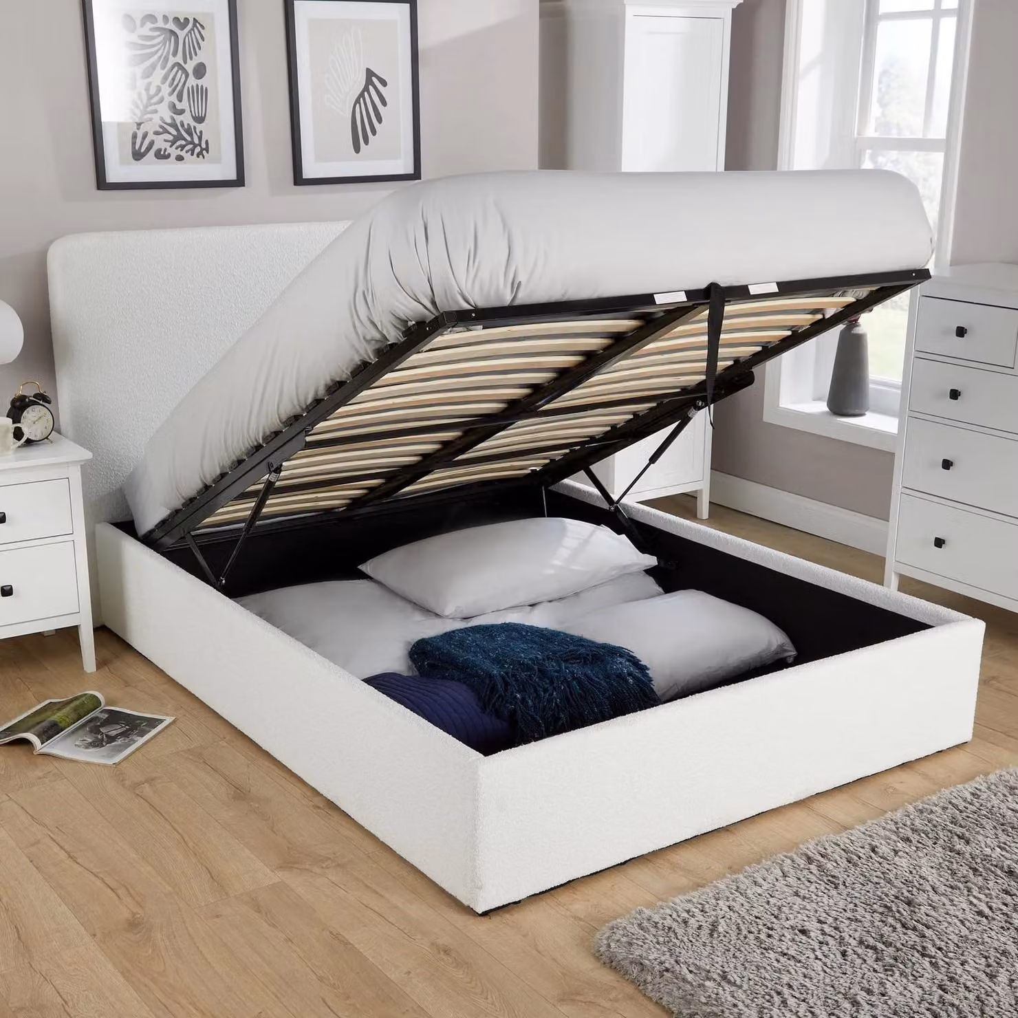 Home Source King Ottoman Upholstered Storage Bed with Gas Lift in Cream Boucle Finish W/D/H: 180 x 200 cm – 2