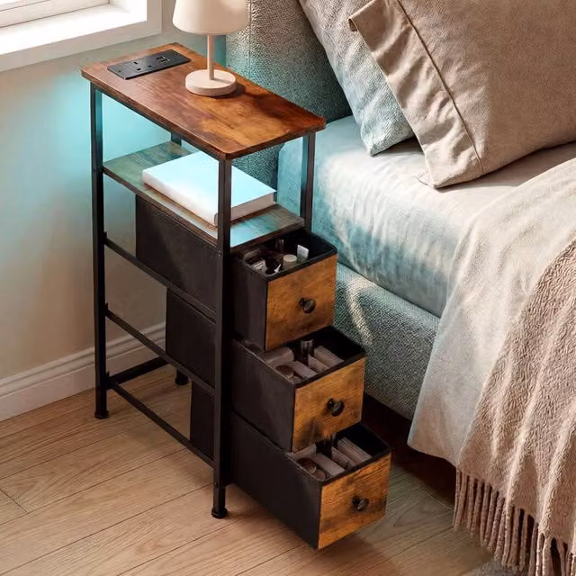 Levede Modern Brown Wood Bedside Table with Integrated LED Lighting and 3 Fabric Drawers – 1