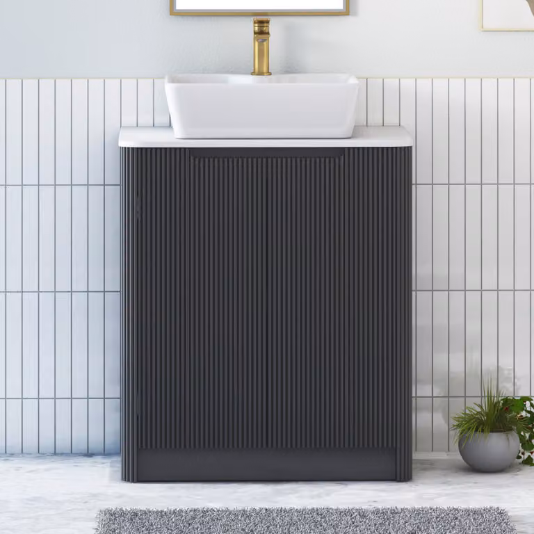 Royal Bathrooms Avenza 800mm Floor Standing 2 Door Vanity Unit in Matt Obsidian Black with Plain White Worktop and Cube Basin