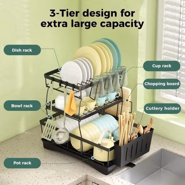 EONLION 3 Tier Metal Cutlery Holder with Drip Tray, Black – 1
