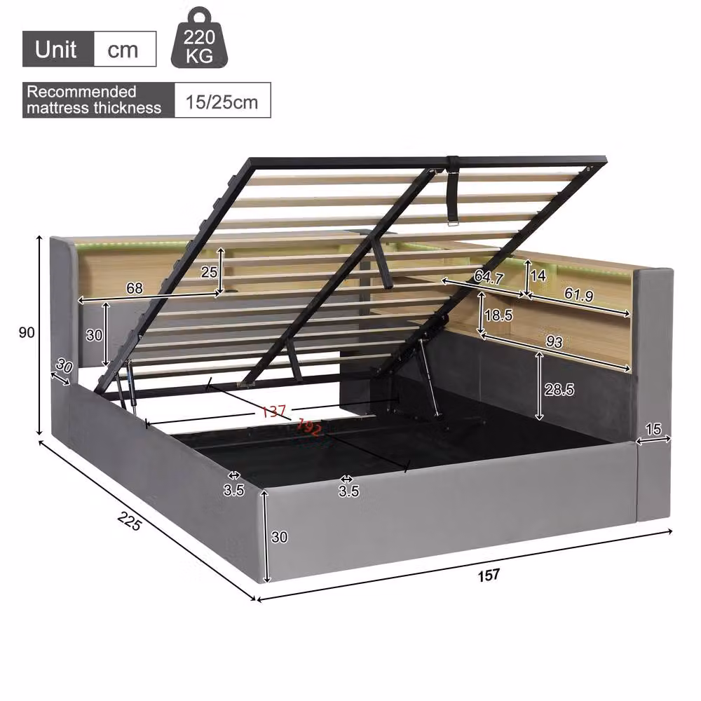 Rolipo Grey Velvet Double Bed with Hydraulic Storage, LED Lighting and USB Charging Port, W/D/H: 140 x 200 cm – 6