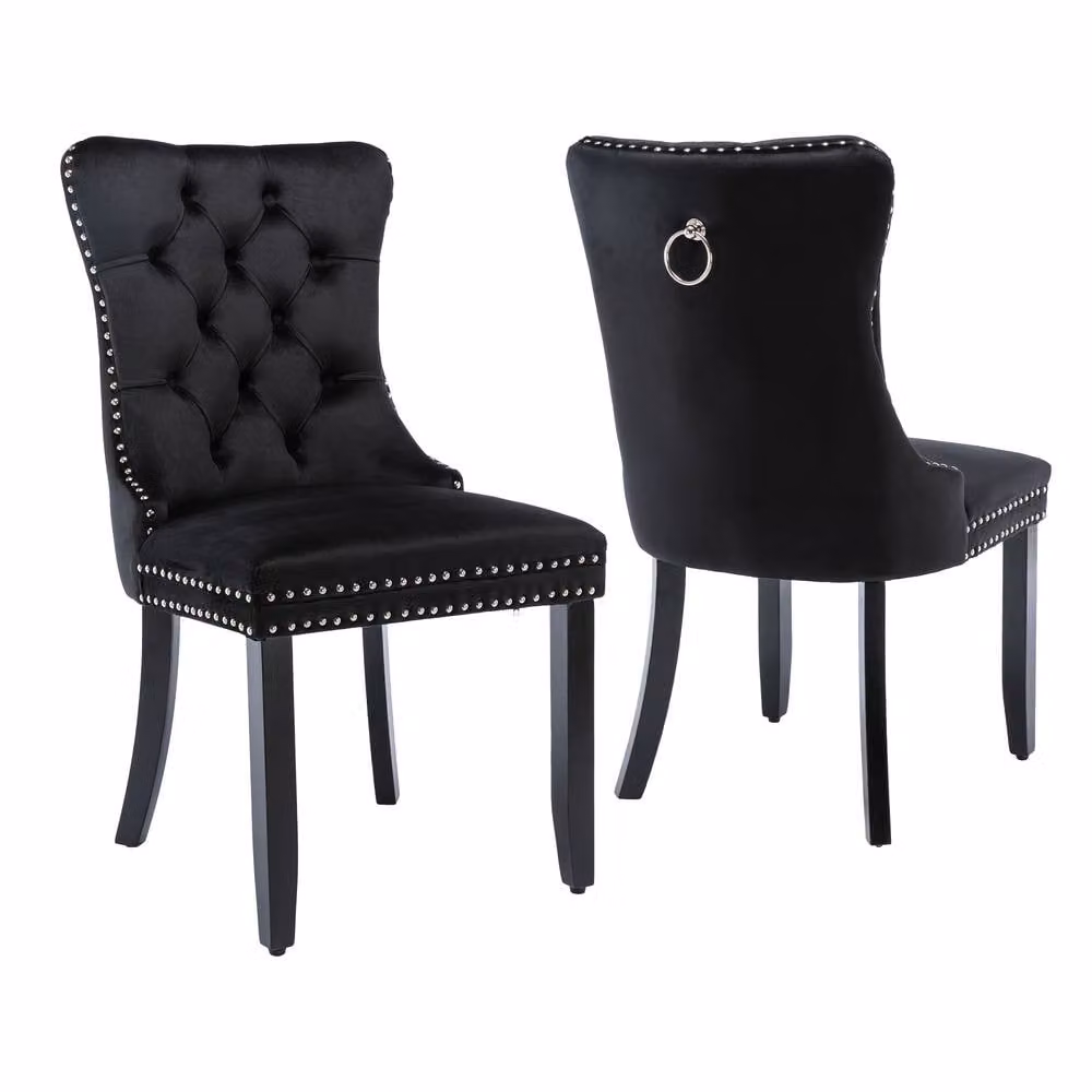 BTM Set of 4 Black Modern Upholstered Velvet Button Tufted Dining Chairs with Rubberwood Legs – 6