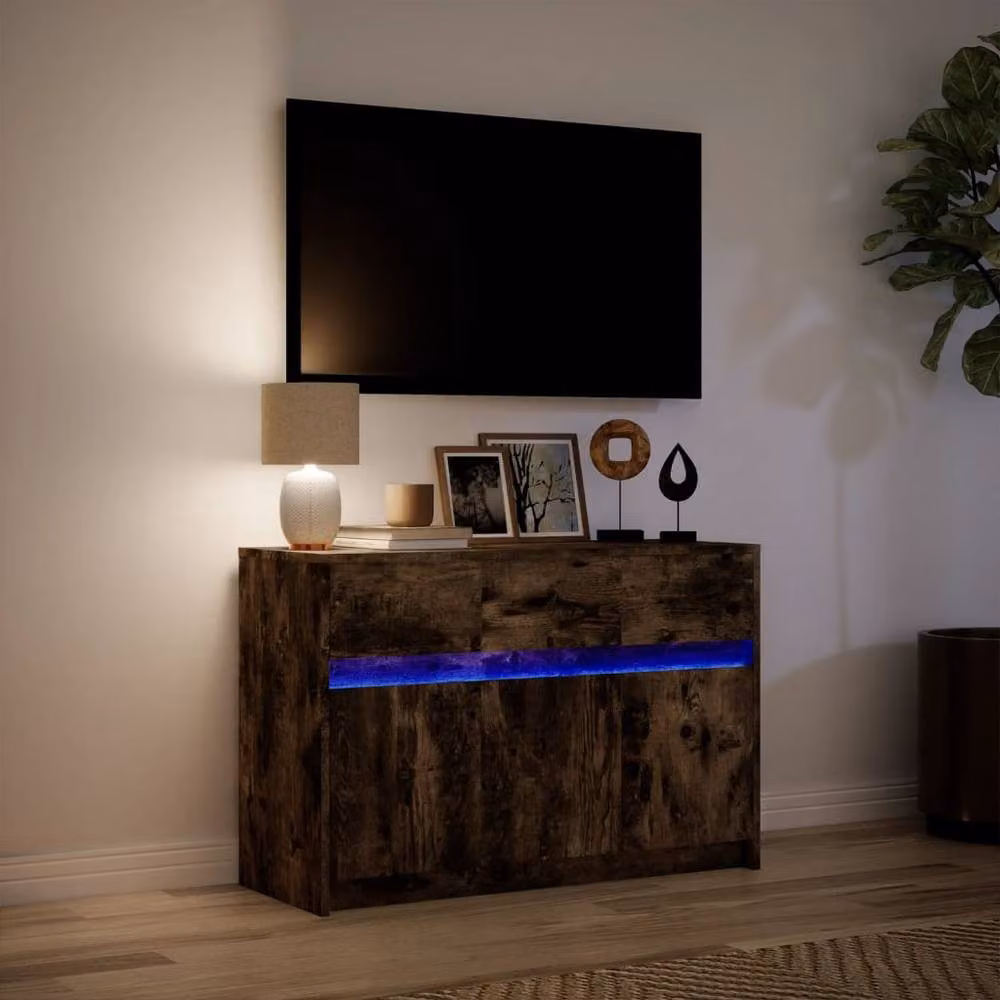 Berkfield Home Modern TV Cabinet with LED in Smoked Oak Brown, W/D/H: 91 x 34 x 61 cm – 4