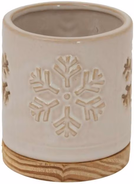 KDMD Alora Ceramic Snowflake Tealight Candle Holder with Wood Base in White and Beige – 1