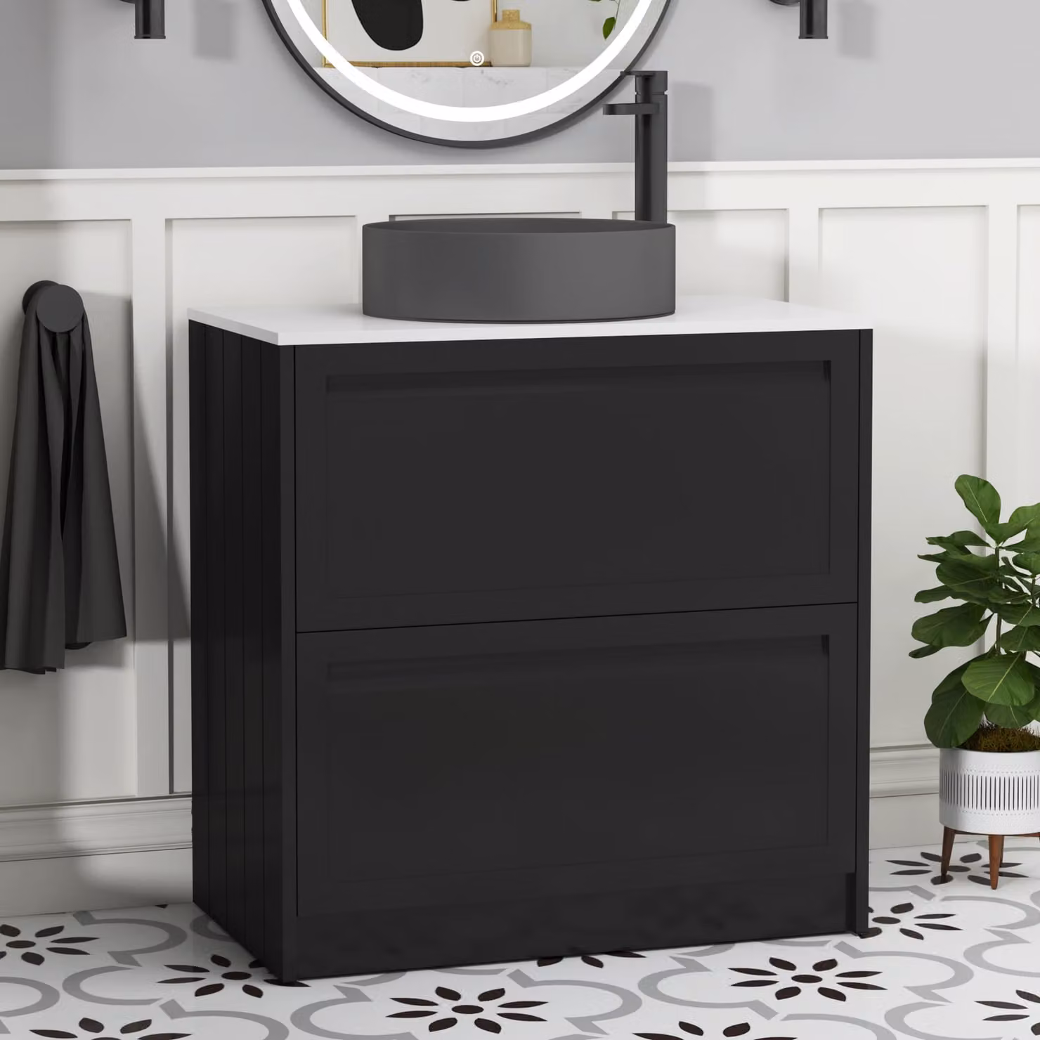 Royal Bathrooms Elmore 800mm Matt Nocturne Black Floor Standing 2 Drawer Vanity Unit with Plain White Worktop and Art Round Basin