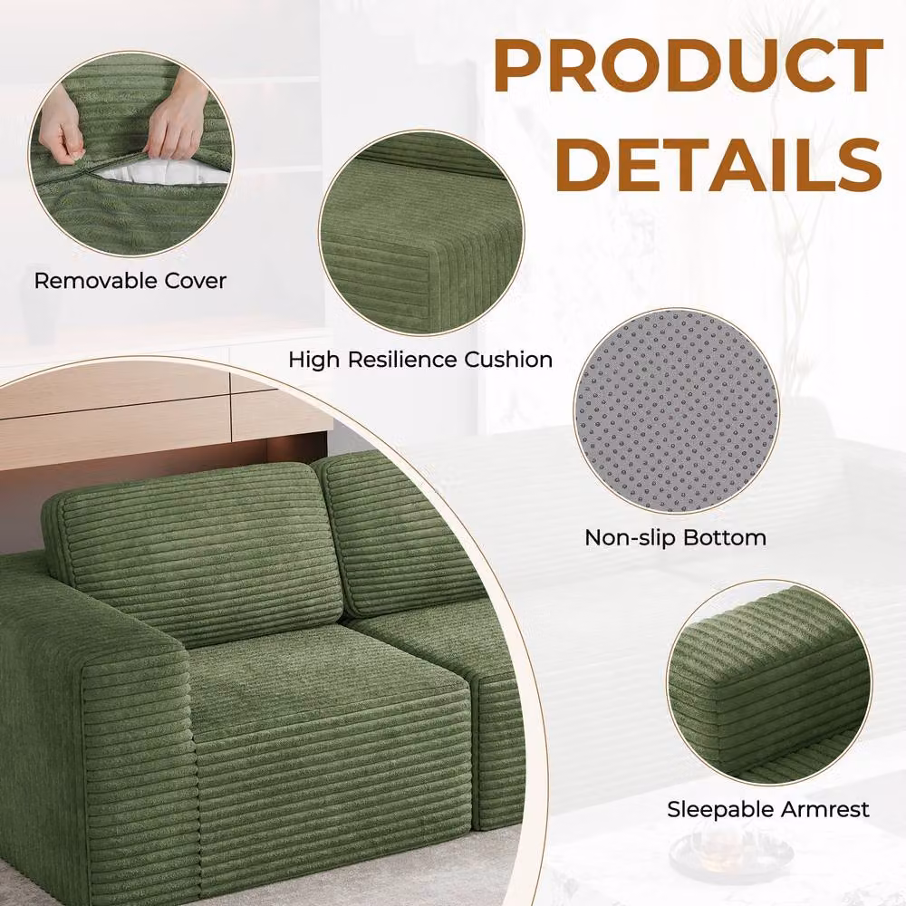Dprodo Corduroy Modular Sofa Footstool in Green, W/D/H: 101 x 101 x 44 cm – 5