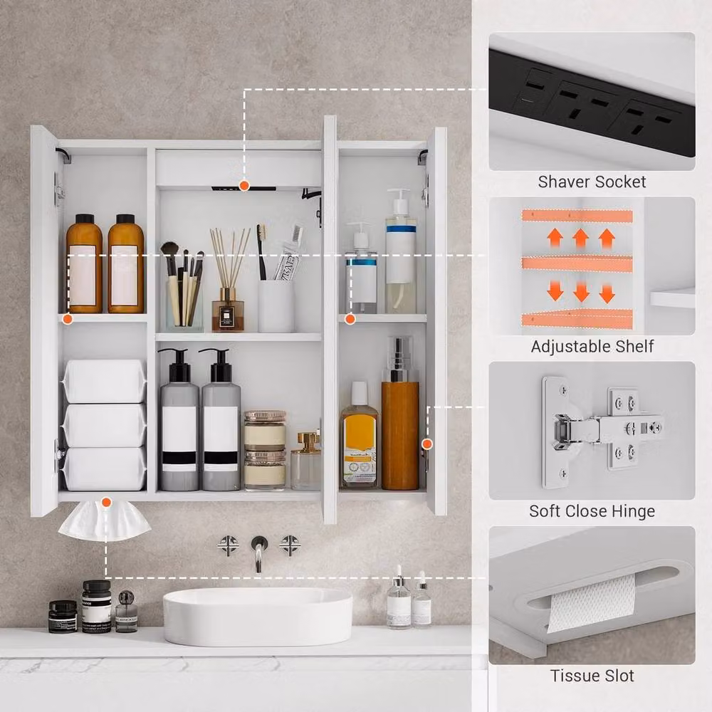 FORGEVIO Modern White 3-Door LED Bathroom Mirror Cabinet with Integrated Lighting and Internal Shelves – 3
