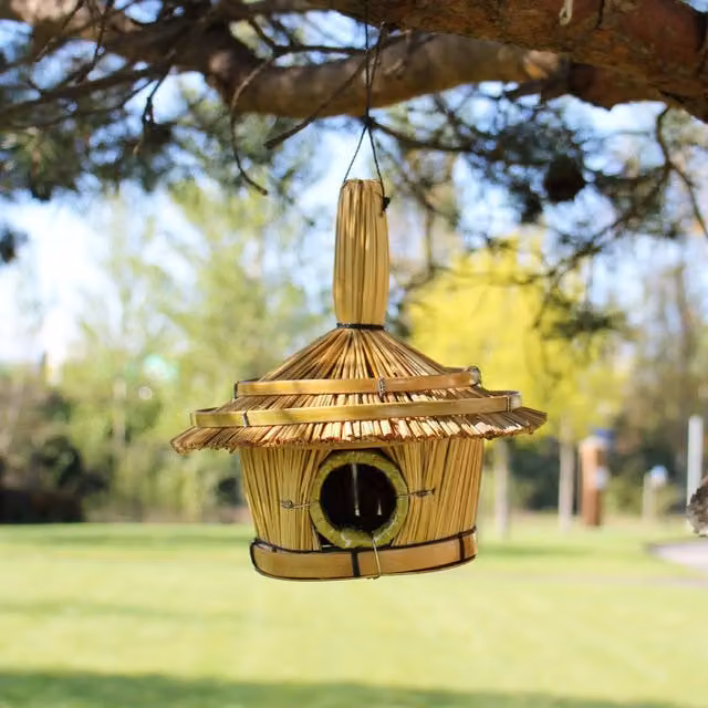 KDMK Small Round Handwoven Seagrass and Rattan Bird Box in Brown
