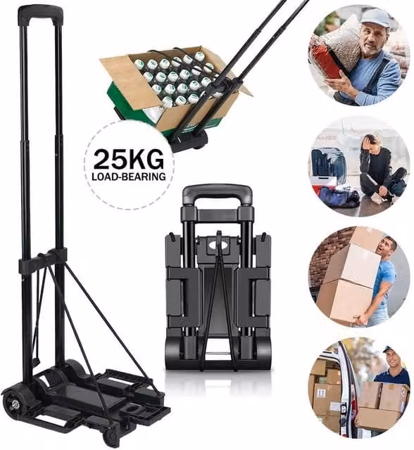 FLAVORA Folding Steel Trolley with Widened Base and Elastic Ropes in Black