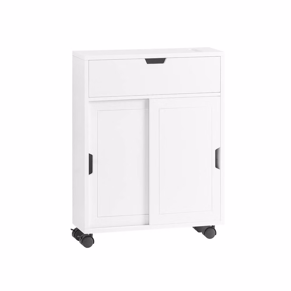 SoBuy Slim White Matt Bathroom Side Cabinet with Sliding Doors and Internal Shelves – 2