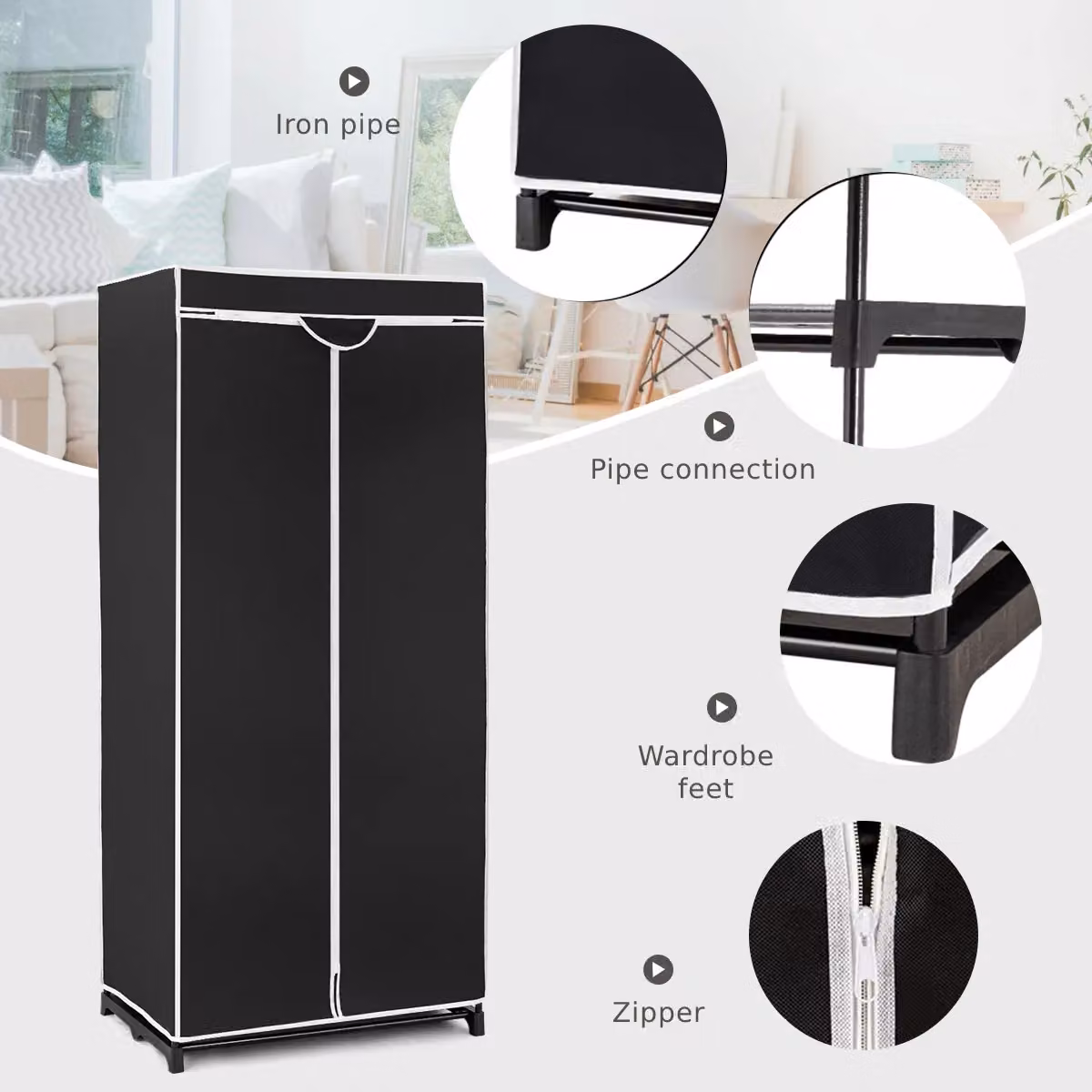 Costway Single Fabric Folding Wardrobe with Hanging Rail and Zippers in Black – 5