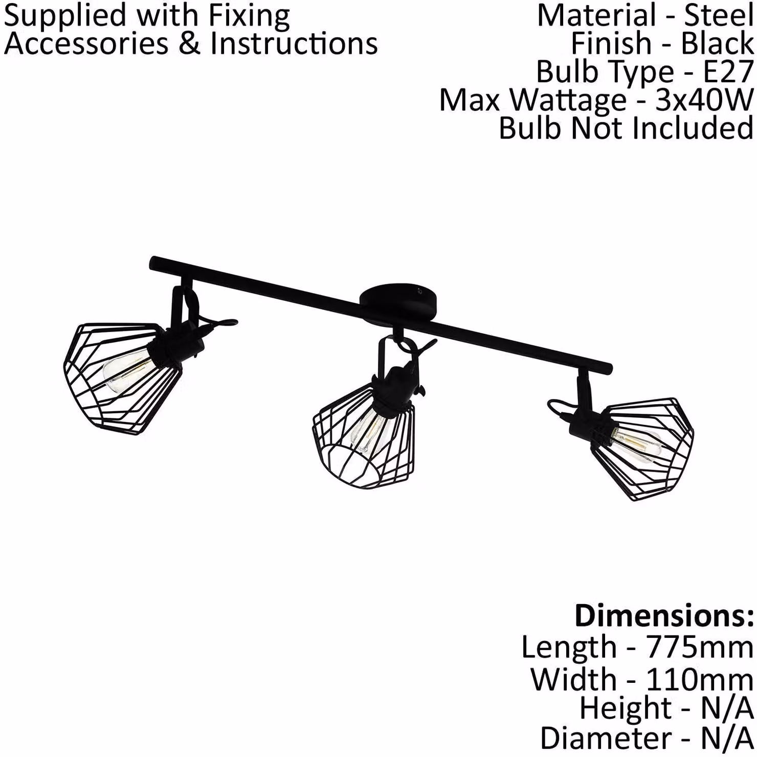 Loops Adjustable Black Metal Wire Cage Ceiling Spot Light and 2x Matching Wall Lights Set – 2