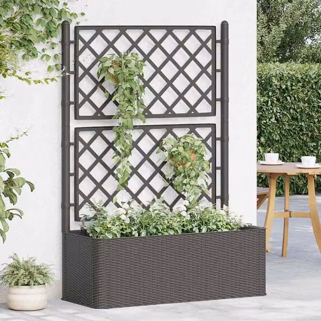 Berkfield Home Garden Raised Bed with Trellis and Self-Watering System, Anthracite and Black, W/D/H: 142 x 90 x 43 cm