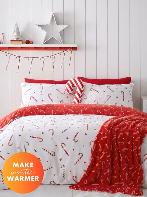 Catherine Lansfield Christmas Candy Cane Reversible King Duvet Cover Set with Pillowcases in Red and White