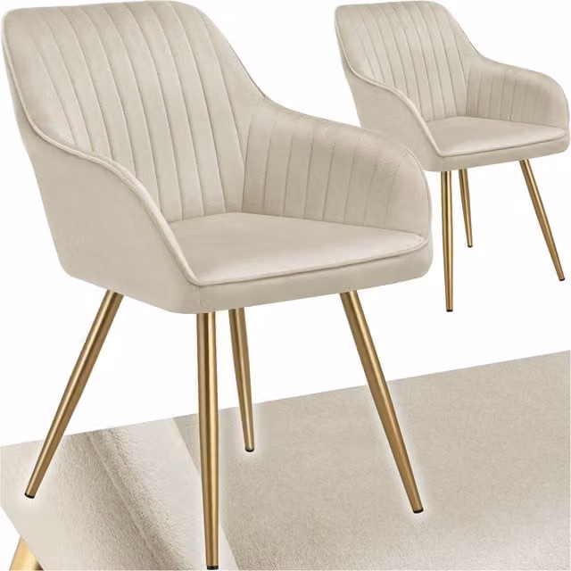 Tectake Marilyn Dining Chairs Set of 2, Modern Velvet Fabric in Beige and Gold with Metal Legs