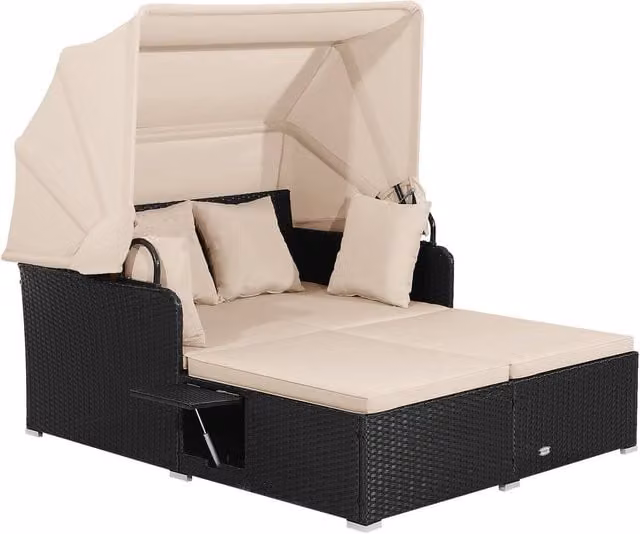 Costway Outdoor Hand-Woven PE Wicker Daybed Patio Loveseat Sofa Set with Sun Canopy and Side Tray in Beige