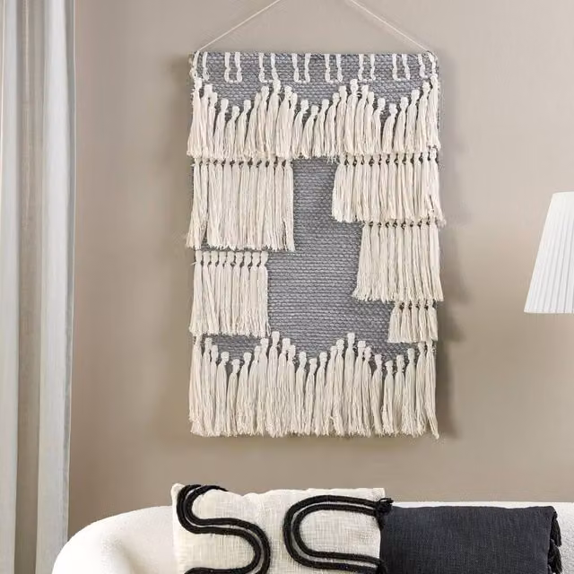 Wyld and Coco Handwoven Cotton Geometric Wall Hanging in Grey and Beige with Tassels – 1