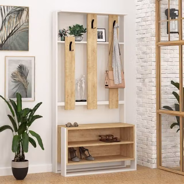 Decortie Modern Hall Tree with Bench and Hooks in Brown Oak and Walnut Finish