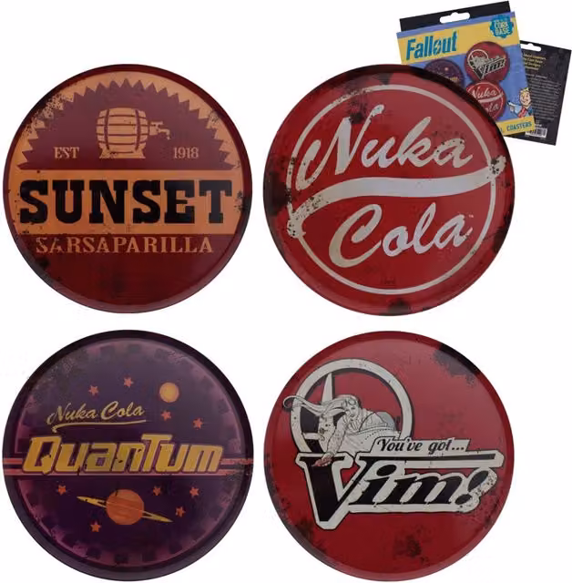 Fallout Set of 4 Round Multicoloured Metal and Cork Non-Slip Drinks Coasters
