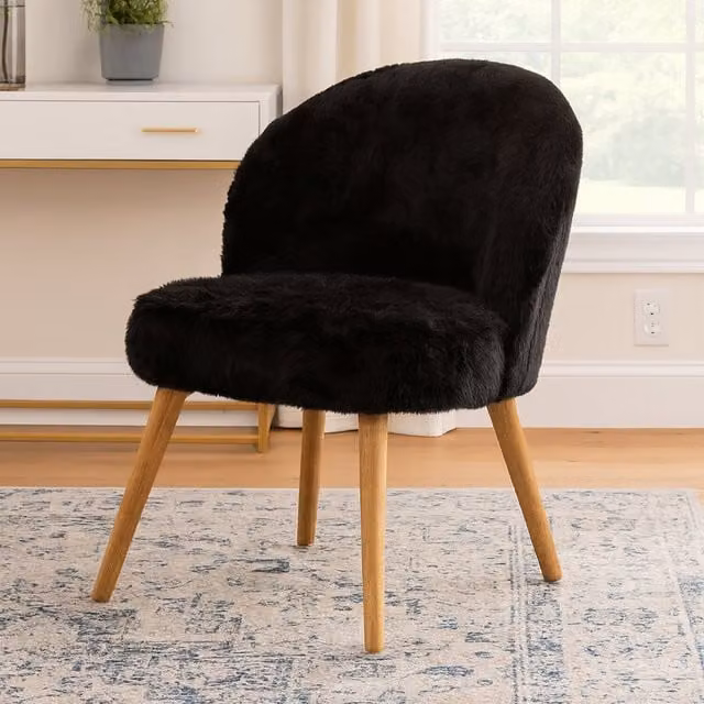 Orsina Cabaret Black Fur Effect Fabric Chair with Wood Details