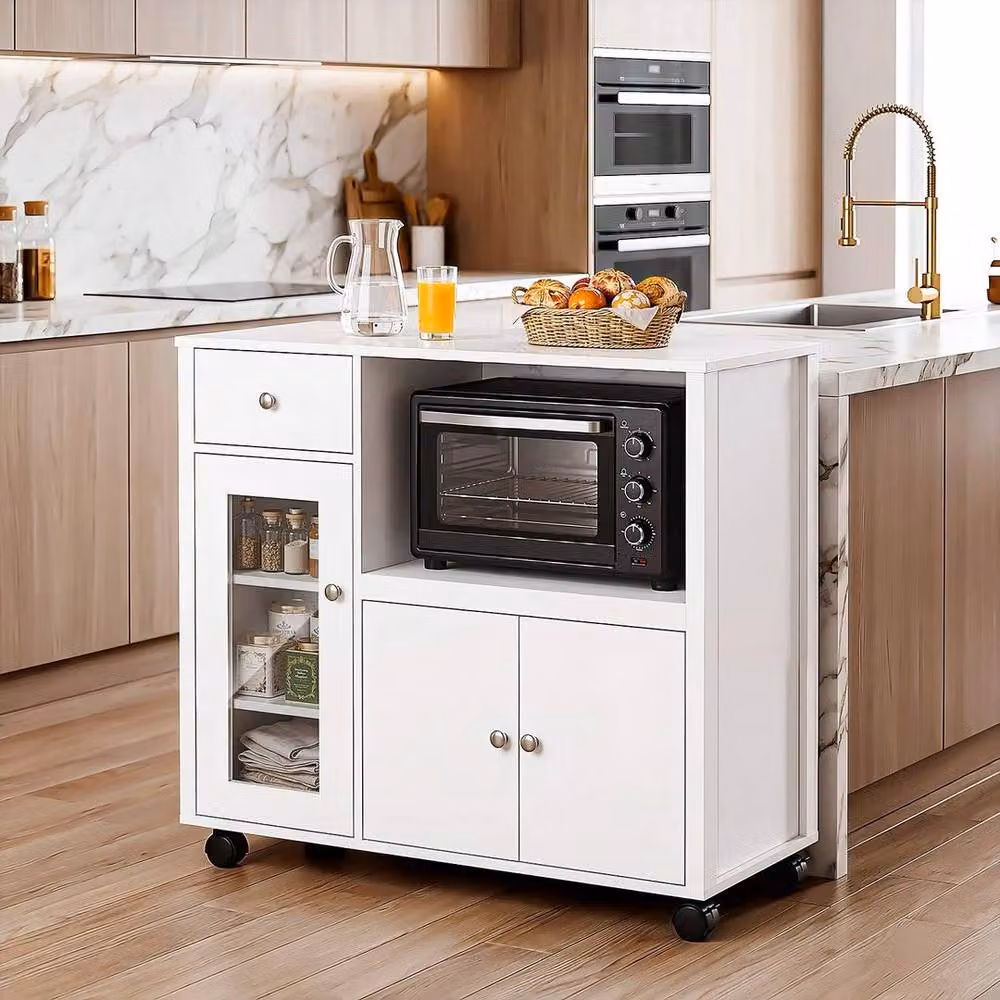 EONLION White Kitchen Island Sideboard with Microwave Shelf and Castors, H 90.0 x W 82.5 x D 40.0 cm – 3