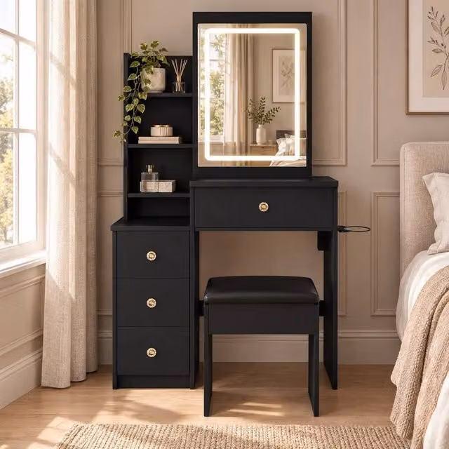 AKI HAUS Black 4-Drawer Dressing Table with LED Mirror and Stool – 1