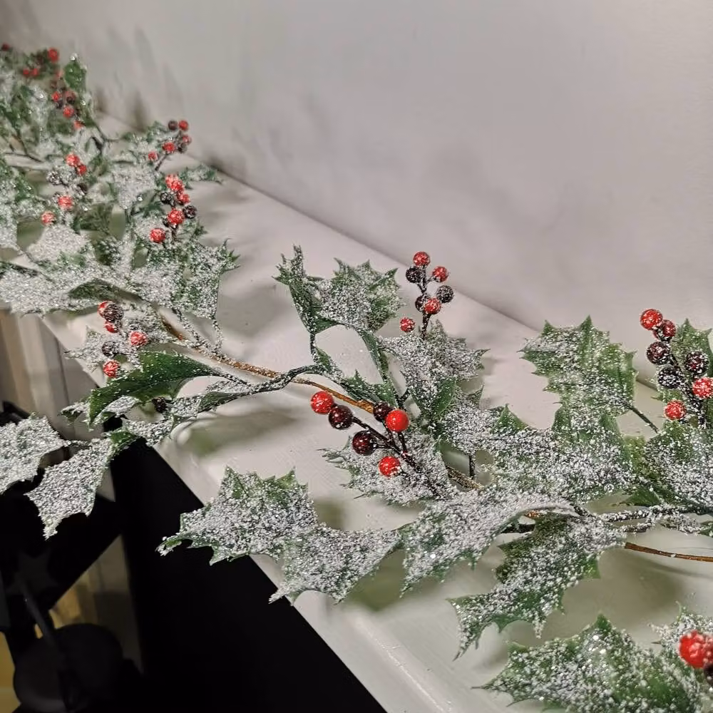 Samuel Alexander 1.8m Frosted Green Holly Leaf and Berry Glitter Christmas Garland Decoration – 4
