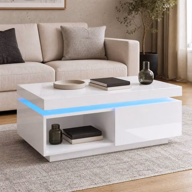 AKI HAUS White High Gloss LED Coffee Table with Drawer
