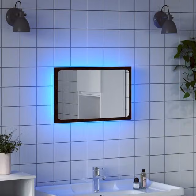 Berkfield Home LED Bathroom Mirror in Brown Oak, W: 60 cm, D: 8.5 cm, H: 38 cm – 1