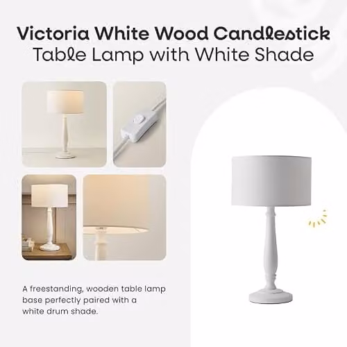 ValueLights Traditional White Wood Candlestick Table Lamp with Black Fabric Drum Shade and LED Bulb