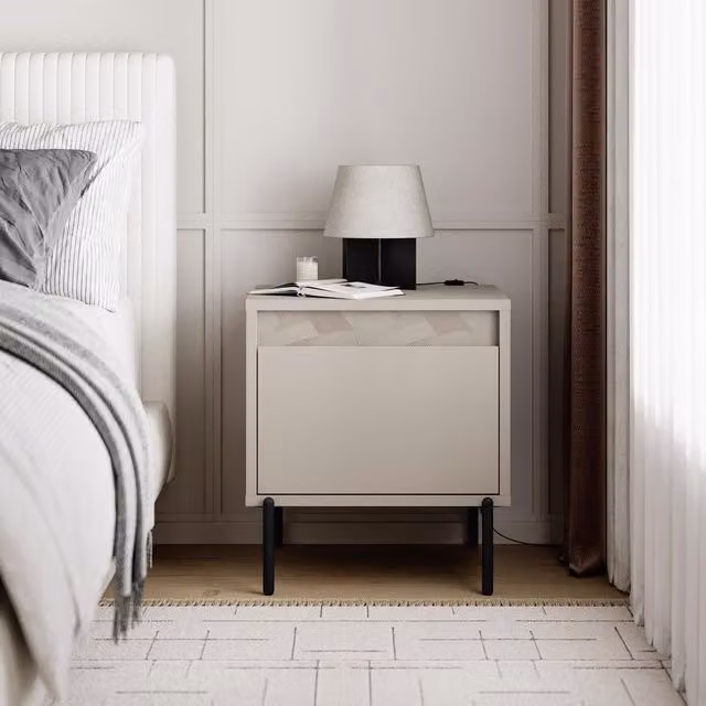 FWStyle Sandstone 1 Door Bedside Table with Handless Design and Black Legs in Sandstone