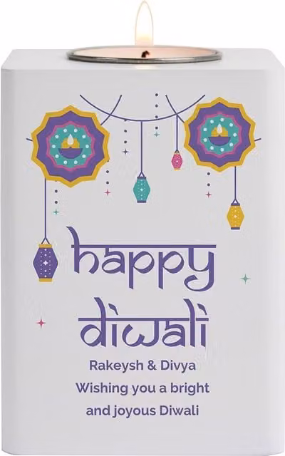 Personalised Memento Company Personalised Diwali Wooden Tealight Holder in White
