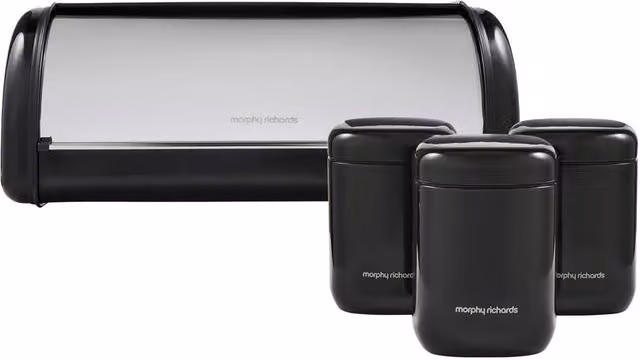 Morphy Richards Equip Black Stainless Steel Bread Bin and 3 Canister Set Kitchen Bundle – 1