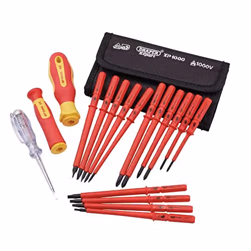 Draper XP1000 18 Piece Precision Screwdriver Set with VDE Dual Insulated Interchangeable Blades in Red and Yellow – 1