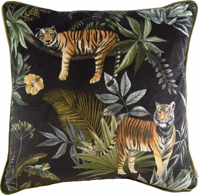 Make it a Home Jungle Tiger Square Velvet Cushion in Black with Feather Filling