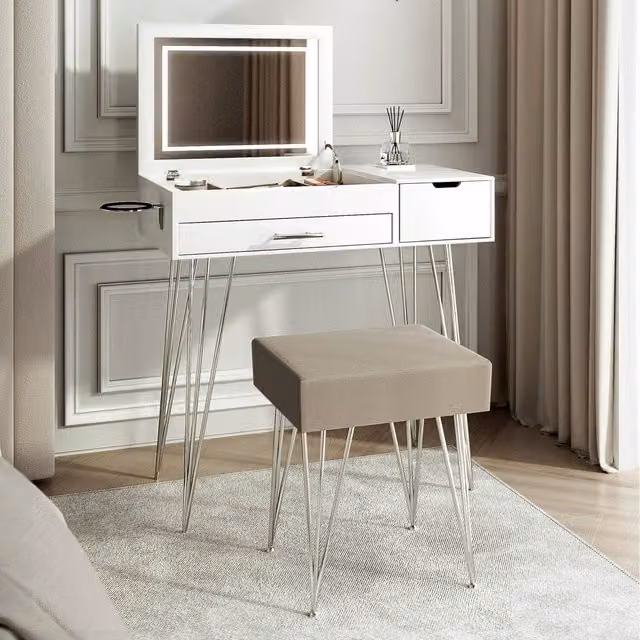 CARME Hollywood LED Dressing Table with Stool Set in White Glossy Finish
