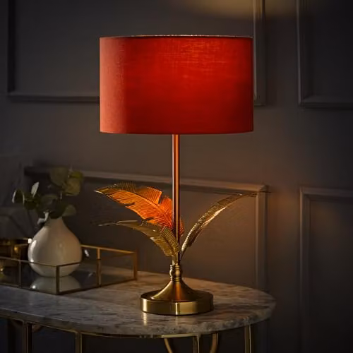 ValueLights Christina Single Stem Table Lamp with Red Fabric Drum Shade and Gold Palm Leaf Detail