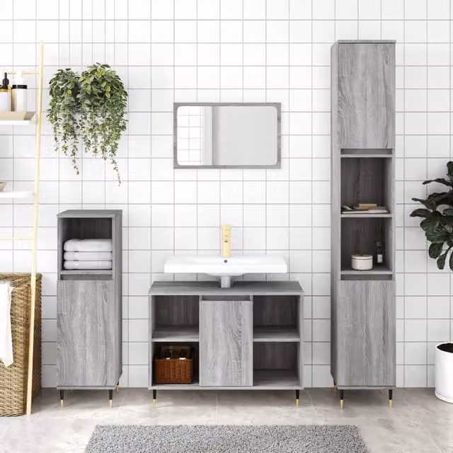 Berkfield Home Grey Sonoma Bathroom Cabinet with Hinged Doors and Open Shelf, W/D/H: 30 x 30 x 100 cm – 1