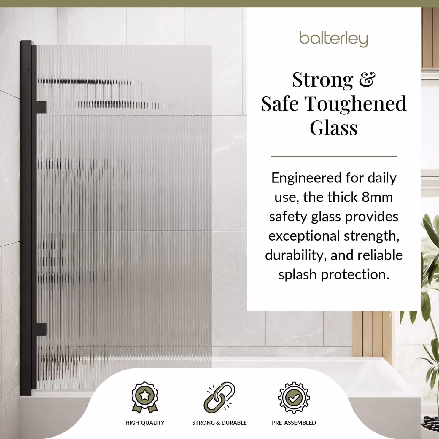 Balterley Square Hinged Fluted Glass Bath Screen, Matt Black, W: 83 cm, H: 152 cm, D: 8 mm – 3