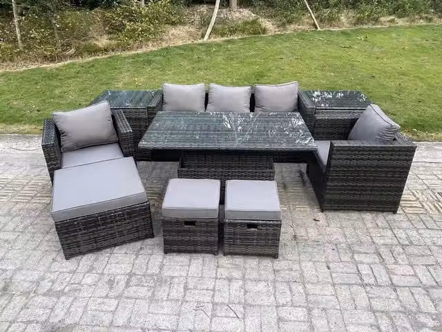 Fimous Dark Grey PE Rattan Garden Furniture Set with Adjustable Height Lifting Dining Table