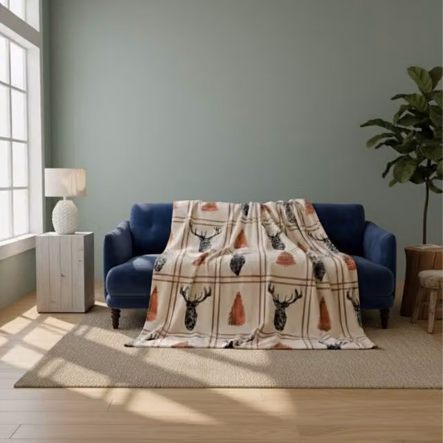 Snug City Stag Print Christmas Throw Blanket in Beige, W/D/H: 150 x 200 cm