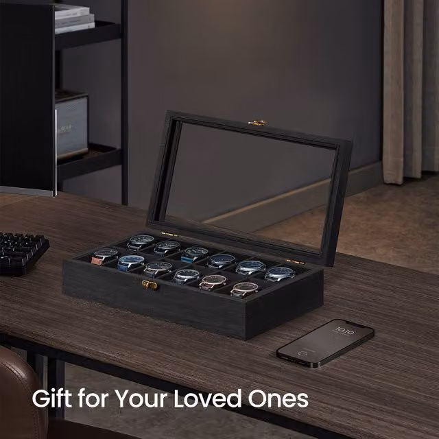 SONGMICS Solid Wood Watch Box with 12 Slots and Glass Lid, Black