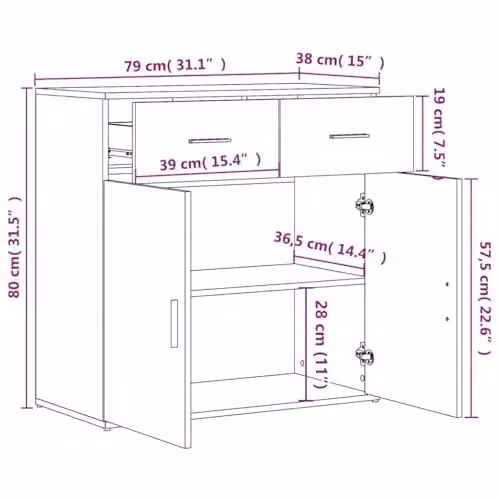 vidaXL Set of 2 Modern Sideboards in Concrete Grey, Engineered Wood, W: 79 cm, D: 38 cm, H: 80 cm – 2