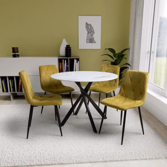 Shankar Avesta Round Glass Dining Set with 4 Chairs in White and Black