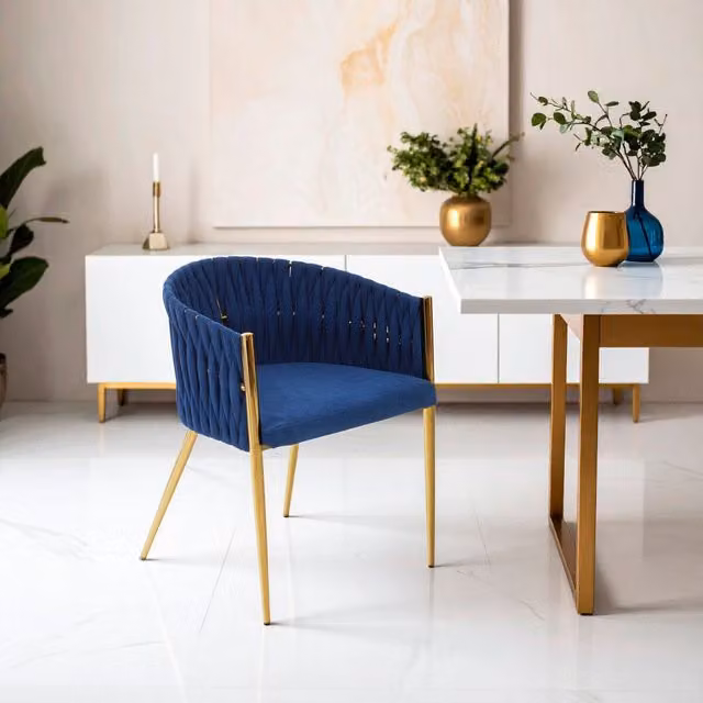 Fifty Five South Modern Blue Velvet Dining Chair with Gold Metal Armrests – 2