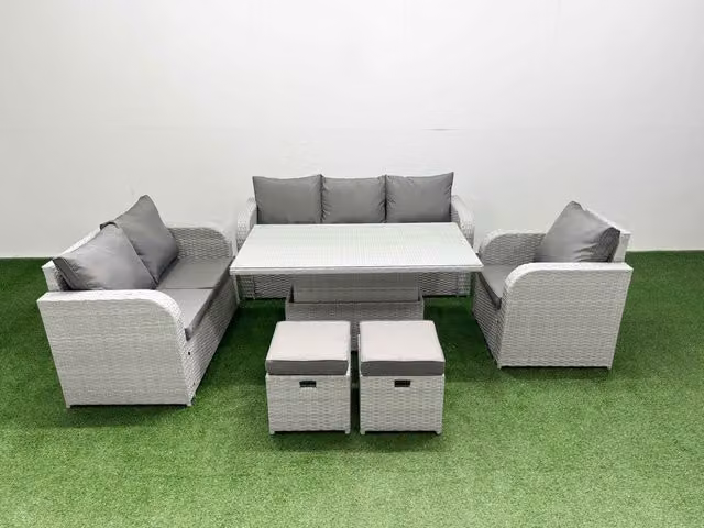 Fimous Patio 8 Seater Grey PE Wicker Rattan Outdoor Furniture Set with Adjustable Lifting Table and Reclining Chairs