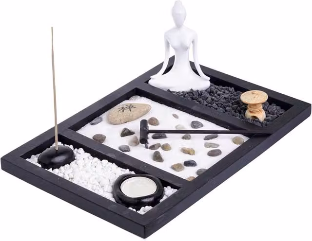 London Boutique Zen Garden Buddha Candle and Incense Holder Meditation Gift Set with Yin Yang, White Sand and Decorative Stones in Brown, Black and White – 1