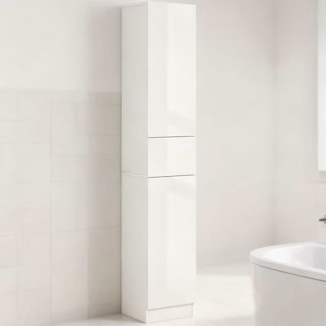 ERGOVEXA Tall White Glossy Bathroom Cabinet with Hinged Doors and Internal Shelves, H 170 x W 30 x D 28 cm