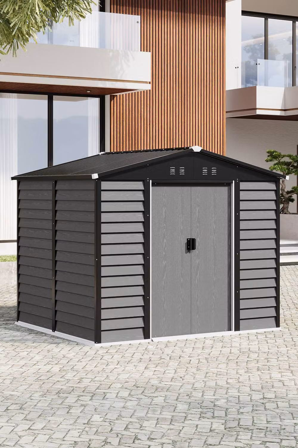 Living and Home Grey Wood Grain Effect Metal Garden Tool Shed with Foundation, W/D/H: 213.36 x 195.0 x 198.5 cm – 2